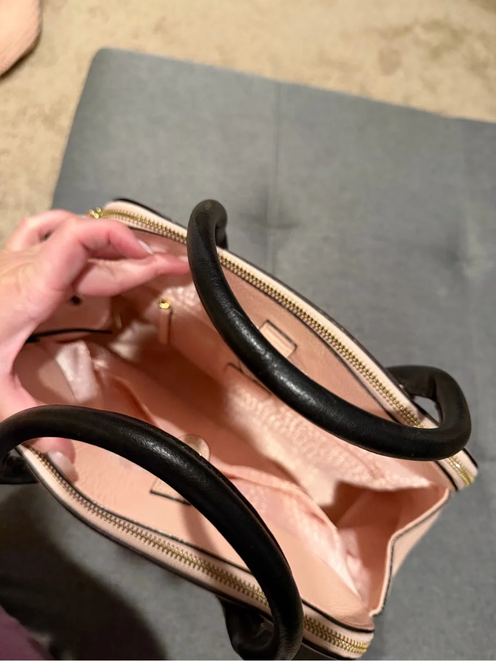 kate spade Pink Pebbled Leather Satchel with Black Trim and Handles